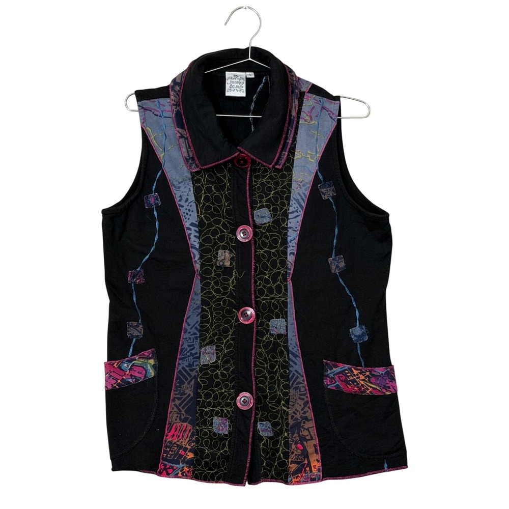 Parsley & Sage Vest Women Large Black Multicolor Art to Wear Patchwork Whimsical